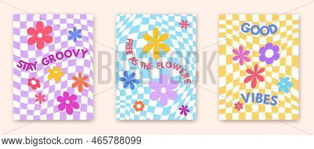 Checkered Groovy Flower. Hippie Floral Boards With Inspirational Slogans Designs 1960s, Kids Power N