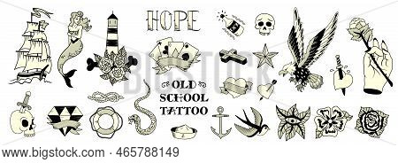 Old School Tattoo Black White Elements Set With Eagle Mermaid Rose Anchor Sailboat Skull Isolated Ve