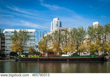 Paris, France, October 2022, view of the Adelaide houseboat, a barge with cultural events in the Villette basin.