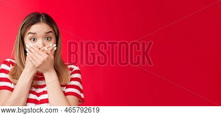 Close-up Shocked Asian Woman Gasping Speechless Press Hands Lips Raise Eyebrows Impressed Stunned, S