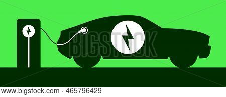 Electric Car Charging On The Station Silhouette Vector Illustration. Green Ev Filling Up A Battery.
