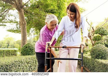 Elderly Mother Takes Care Daughter Injured In A Car Accident And Walks With Walker Rehabilitate Hers