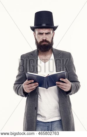 Dramatic Look. Reading Dramatic Scenario. Bearded Man Read Book Isolated On White. Poetry Reading. I