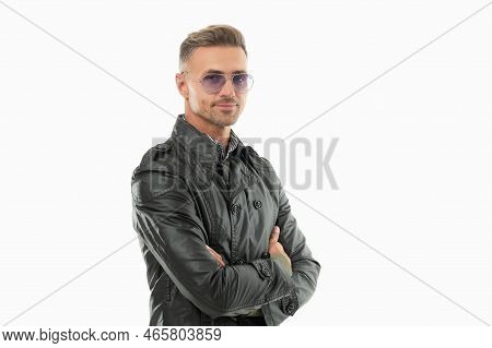 Cheerful Adult Grizzled Man In Glasses Isolated On White Background. Grizzled Man In Coat.