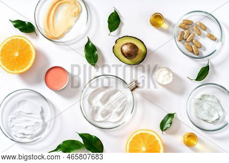 Alternative Natural Medicine And Glass Labware, Petri Dish, Cream, Scrub, Aroma Oils. Avocado Oil An
