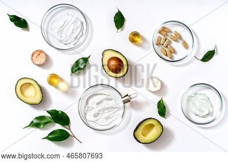 Alternative Natural Medicine And Glass Labware, Petri Dish, Cream Jars, Scrub, Aroma Oils. Avocado O