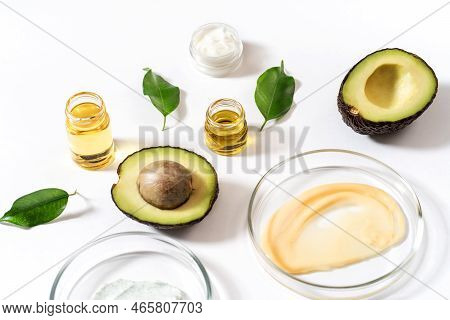 Alternative Natural Medicine And Glass Labware, Petri Dish, Cream Jars, Scrub, Aroma Oils. Avocado O
