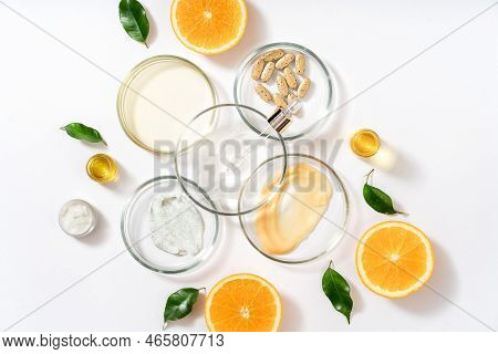 Alternative Natural Medicine And Glass Labware, Petri Dish, Cream Jars, Scrub, Aroma Oils. Avocado O