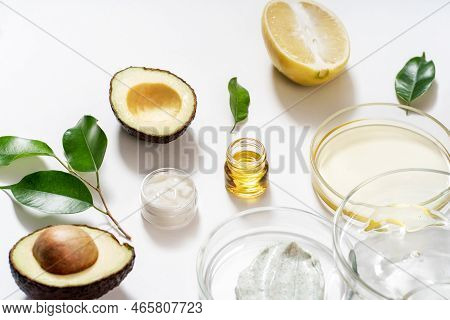 Alternative Natural Medicine And Glass Labware, Petri Dish, Cream Jars, Scrub, Aroma Oils. Avocado O