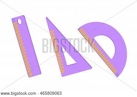 Set Of Purple Rulers. Ruler, Triangle Ruler, Protractor For School And Business. Vector Illustration