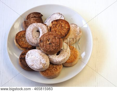 Plate With Polvorones, Mantecados, Estepa. Traditional Spanish Christmas Dessert. View From Above. I