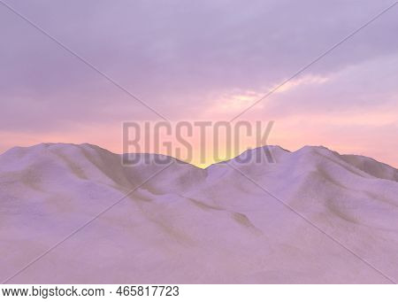 Winter Landscape. Snowdrifts On The Ice Surface During Sunset. 3d Rebdering