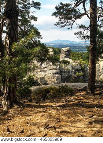 Hruboskalske Skalni Mesto Rock Panorama And Mount Jested, Sandstone Rock City, Cesky Raj, Czech Or B