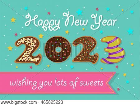 Happy New Year 2023. Colorful Number As Sweet Donuts With Cream And Nuts Decor. Green Background Wit