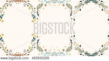 Bright Floral Border With Colorful Flowers, Leaves, Moon And Stars Around. Vintage Floral Frame Perf