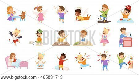 Naughty And Obedient Kids Engaged In Different Activity Big Vector Set