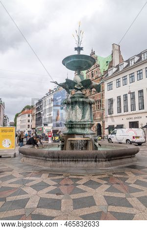 Copenhagen, Denmark - July 26, 2022: The Stork Fountain On Stroget Street In Old Part Of Copenhagen.