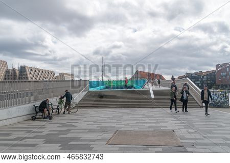 Copenhagen, Denmark - July 26, 2022: Inderhavnsbroen Pedestrian And Bicyclist Bridge Across The Cope