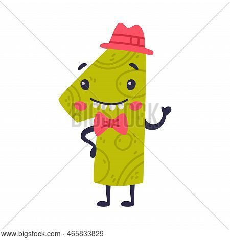 1 Cute Funny Number Character With Funny Face. One Comic Childish Bright Colorful Numeral, Math Symb