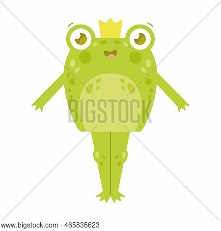 Cute Happy Toad Standing With A Crown On His Head Flat Vector Illustration. Funny Drawings Of Green 