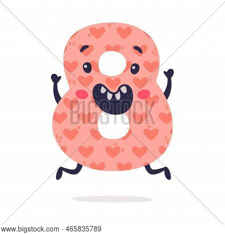 8 Cute Funny Number Character With Smiling Face. Eight Comic Childish Bright Colorful Numeral, Math 