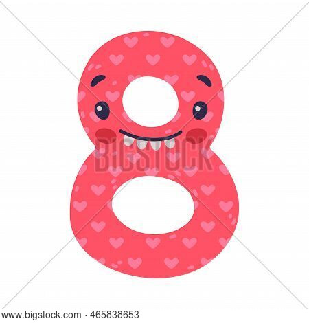 8 Cute Funny Number Character. Eight Comic Childish Bright Numeral, Math Symbol Cartoon Vector Illus
