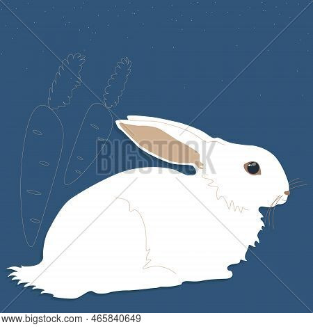 A White Fluffy Rabbit With Long Ears Is Sitting. Side View Of A Bunny With A Carrot. Illustration Ve