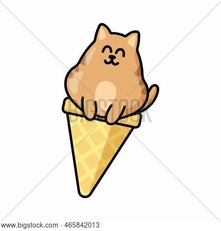 Cute Cat Ice Cream Sticker. Kawaii Kitties In Waffle Cone. Happy Animal Cartoon Character Vector Des