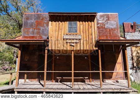 Mogollon, New Mexico - October 20, 2022: The Old Mogollon Theater Building In The Mogollon Ghost Tow