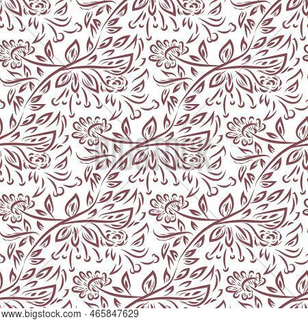 Modern Vector Horizontal Damask Style Leaf Or Petal Seamless Vector Pattern. Red White Background Wi