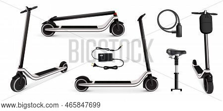 Electric Scooter Set With Battery And Charge Symbols Realistic Isolated Vector Illustration