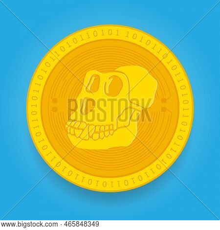 Apecoin Ape Golden Coin Isolated On Blue Background. Cryptocurrency Vector Illustration