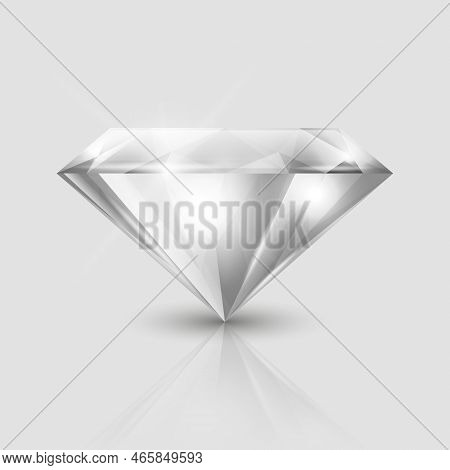 Vector 3d Realistic White Transparent Triangular Glowing Gemstone, Diamond, Crystal, Rhinestone Clos