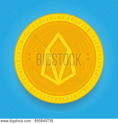 Eos Golden Coin Isolated On Blue Background. Cryptocurrency Vector Illustration