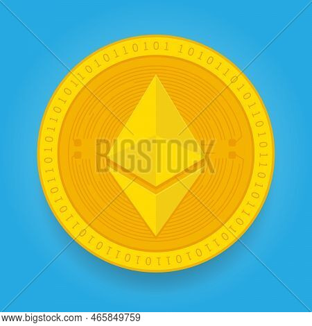 Ethereum Eth Golden Coin Isolated On Blue Background. Cryptocurrency Vector Illustration