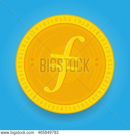 Filecoin Fil Golden Coin Isolated On Blue Background. Cryptocurrency Vector Illustration
