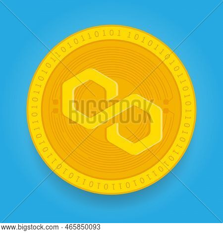 Polygon Matic Golden Coin Isolated On Blue Background. Cryptocurrency Vector Illustration