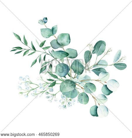 Watercolor Greenery Bouquet. Eucalyptus, Gypsophila And Pistachio Branches. Hand Drawn Botanical Ill