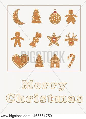 Merry Christmas Postcard With Ginger Cookies On Light Background - Flat New Year Vector Illustration