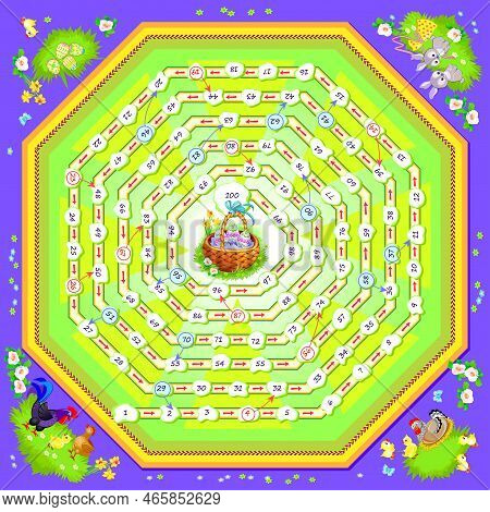 Board Game For Little Children With A Dice. Easter Holiday Adventure. Printable Page For Baby Book. 