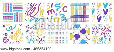 Doodle Textures. Different Abstract Patterns Collection, Funny Colorful Decorations, Creative Drawin