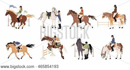 People Riding Horses. Horsemen In Jockey Clothes And Helmets, Professional Equestrian, Riding Traini