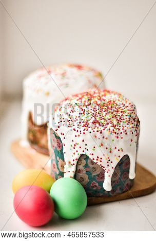 Traditional Easter Cake Or Sweet Bread, Pussy Willow Twigs, Quail Eggs And White Meringues