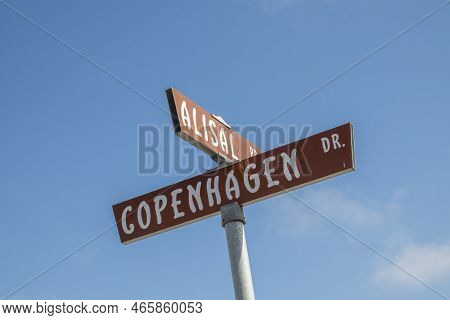 Street Name Sign Copenhagen And Alisal  In American City Of Solvang Under Blue Sky