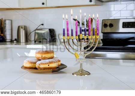 Hanukkah Celebration Judaism Tradition Family Religious Holiday Symbols Lighting Hanukkiah Menorah C