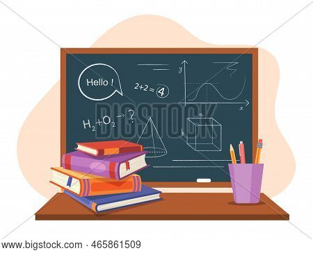 School Books Concept. Textbooks Next To Blackboard, Metaphor For Lesson Of Geometry And Mathematics.