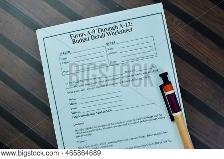 Concept Of Sba Form A-9 Through A-12 Budget Detail Worksheet Isolated On Wooden Table.