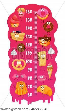 Kids Height Chart. Cartoon Desserts, Cakes, Donuts And Sweets, Ice Cream And Pastry. Growth Measure 