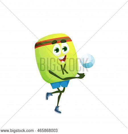 Cartoon Potassium Kalium Volleyball Player Character. Isolated Vector Funny Bubble Pill Hits A Ball.