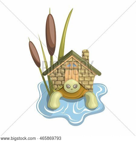 Vector Image Of A Stylized Turtle With A Hut In The Pond Instead Of A Shell
